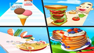 ICE CREAM RUSH vs SANDWICH RUNNER vs NOODLE RUN vs PANCAKE RUN - Satisfying Quadruple Gameplay