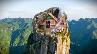 Building A Secret Survival Shelter Atop A Rocky Mountain Surviving Alone Bushcraft Solo Overnight