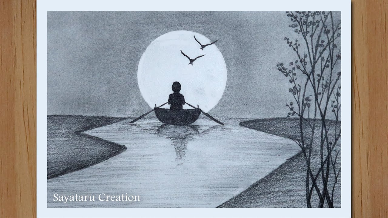 How to draw Scenery of Moonlight Night by pencil sketch step by step