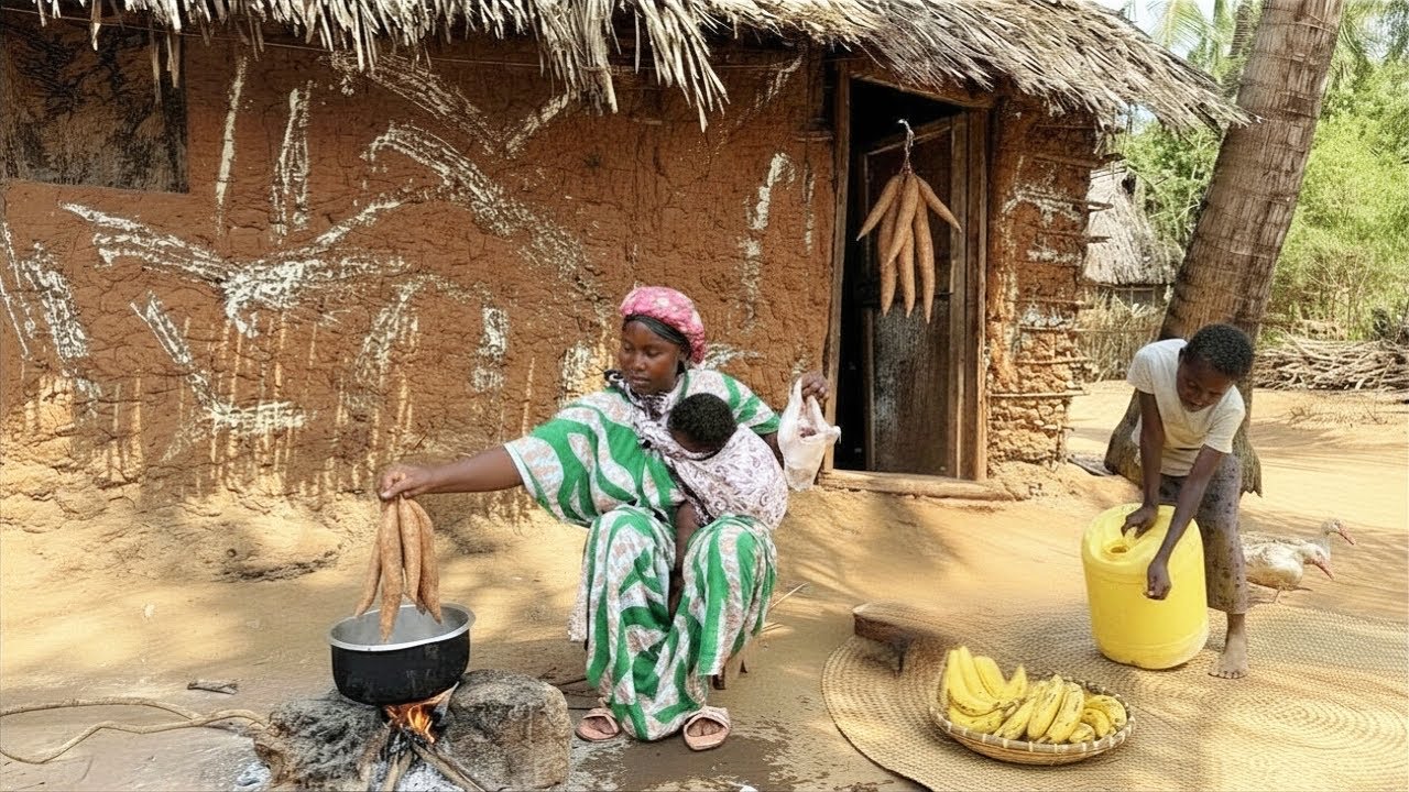 African Village Cooking 🌍 Coconut Plantain & Sweet Potato Stew + Boiled Corn | Traditional Lifestyle