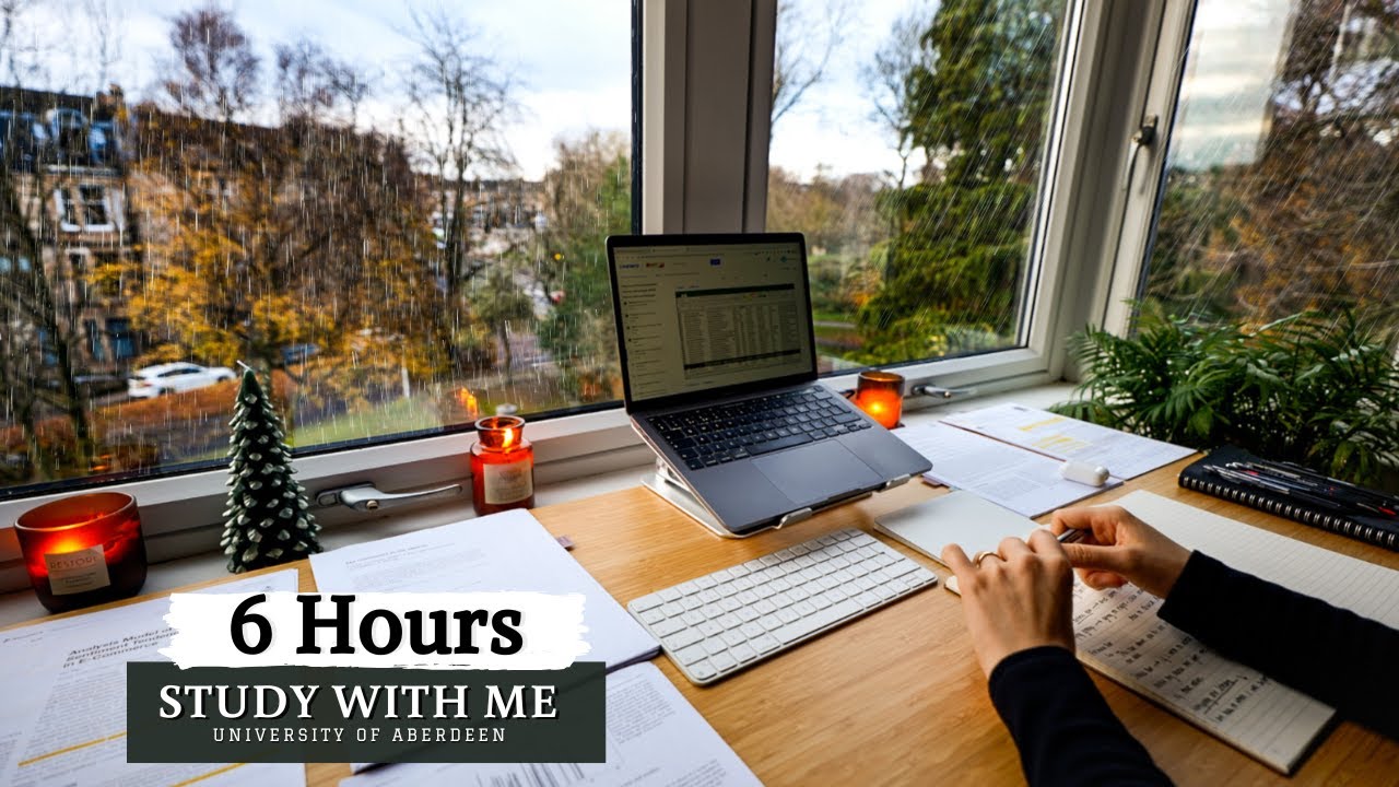 6 HOUR STUDY WITH ME on A RAINY DAY⎢Background noise, 10 min Break, No music, Study with Merve