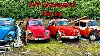 Working on our VW Beetle Graveyard 1967 beetle waiting for restoration cleaned up and covered