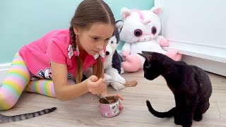 Sophia tells funny stories at her home about pets: cats and dogs.