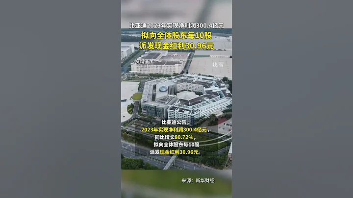 比亚迪公告，2023年实现净利润300.4亿元，同比增长80.72%，拟向全体股东每10股派发现金红利30.96元。 - 天天要闻