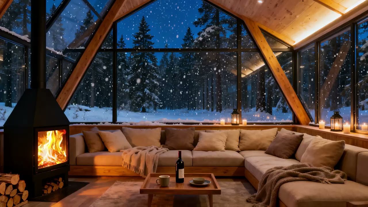 Winter A Frame Cabin Ambience ❄️ Heavy Snowstorm & Crackling Fireplace Sounds for Deep Sleep