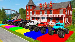 Monster Trucks on Double Flatbed Trailer | Slide Colors + Cars vs Speed Bump - BeamNG #24