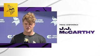 J.J. McCarthy Addresses the Media After His First Practice as a Viking During Rookie Minicamp