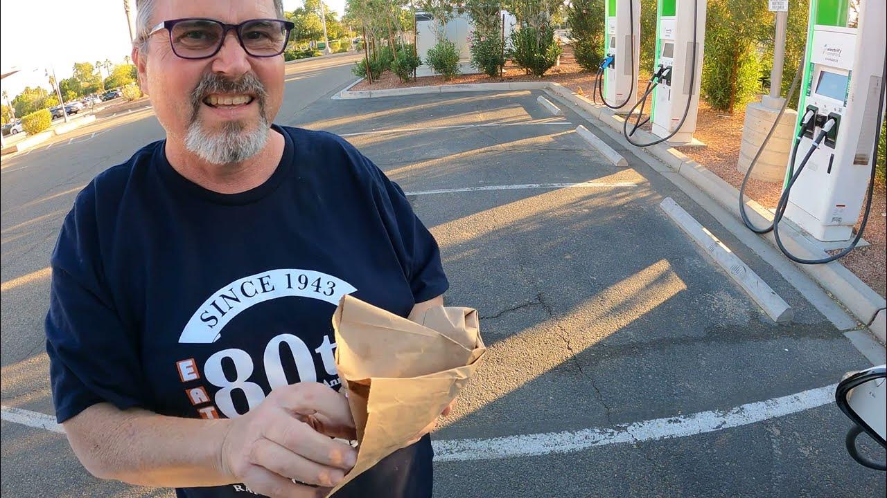 Eating Mr. G's Bean Rice & Cheese Burrito, Electrify America Fast