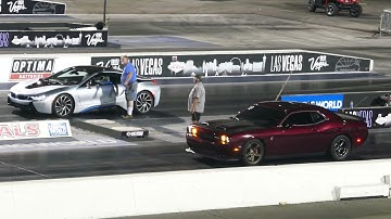 Dodge Challenger SRT Hellcat Vs. BMW i8 Hybrid Electric Car Drag Race - Las Vegas 6-2-2023 - 4K UHD