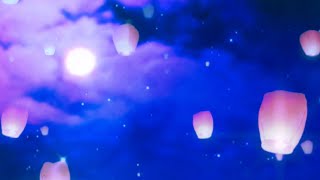 [背景フリー素材]  飛ぶランタン・満月夜空