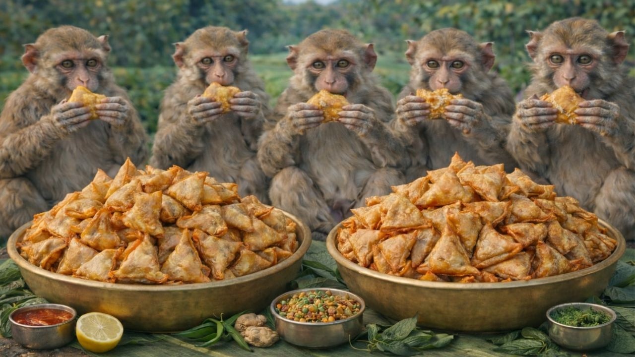 बंदरों ने मिलकर बनाए सैकड़ों गरमागरम समोसे 😱🔥 पूरा गांव हैरान | Monkeys Made Samosa #viralvideo 