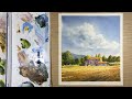 Watercolor painting landscape  sky above the farm