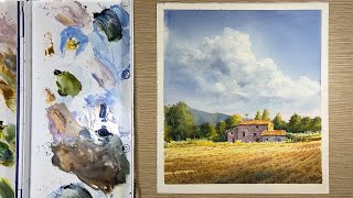 Watercolor painting landscape  Sky above the Farm