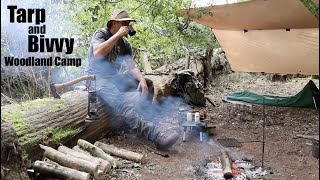 Woodland Overnight Camp.  Tarp and Bivvy.  Campfire Pizza Cooked in a Swedish Army Mess Kit.