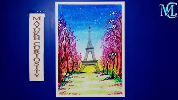 Beautyful Eiffel Tower Painting | Cherry Blossom scenery drawing | Oil pastel scenery