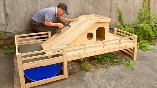 Build villa for ducks from wood and old iron barrel