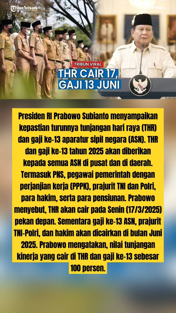 Prabowo Pastikan THR dan Gaji ke-13 ASN Diberikan 100 Persen