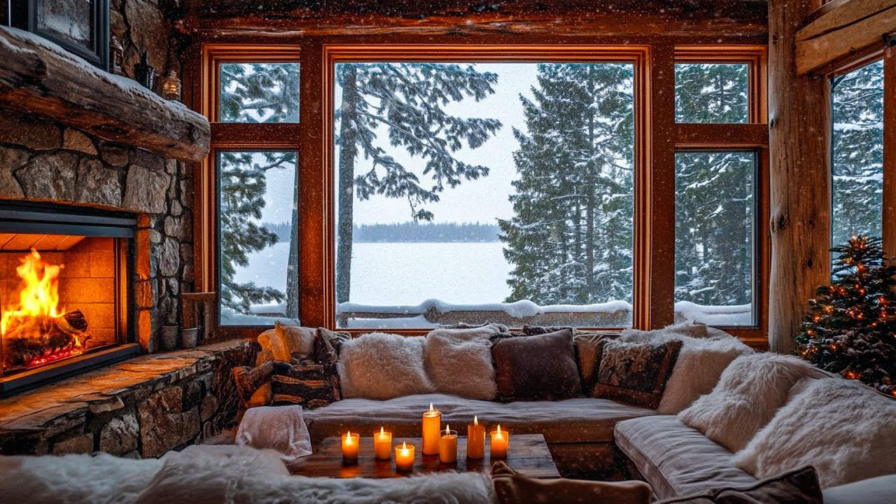 Winter Cozy Room Ambience ️ Snowy Day with Gentle Piano Music and ...