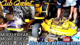 CUB CADET GARDEN TRACTOR MUFFLER FABRICATION MOWER DECK INSTALL WHEELS SWAP MADE 1 GOOD ONE FROM 2