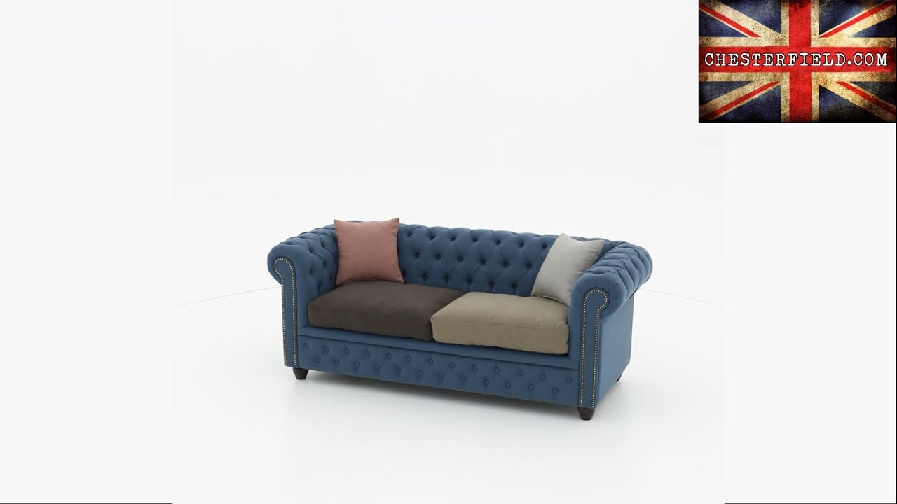 Chesterfield Brighton 3 zitsbank, blauw stof "Pitcdeni"