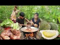 Durian fruit and pig legs for food in forest - Pork legs spicy cooking for lunch, Survival cooking