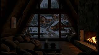 Cozy A-Frame Cabin Fireplace ❄️ Snowy Village Night View for Relaxing Sleep & Winter Ambience