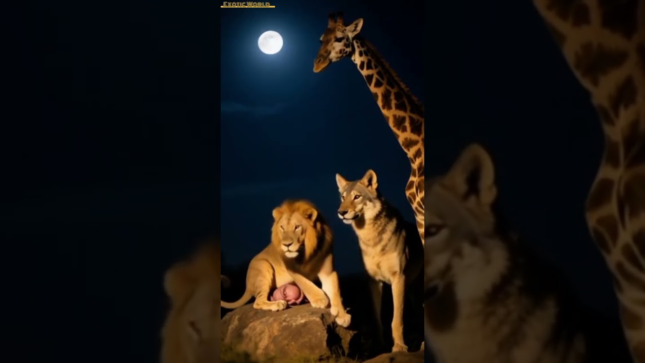 Lioness Gives Birth to a Strange Creature on a Rock at Night… Giraffe and Wolf Watch in Shock! 🌙🦁🦒🐺#