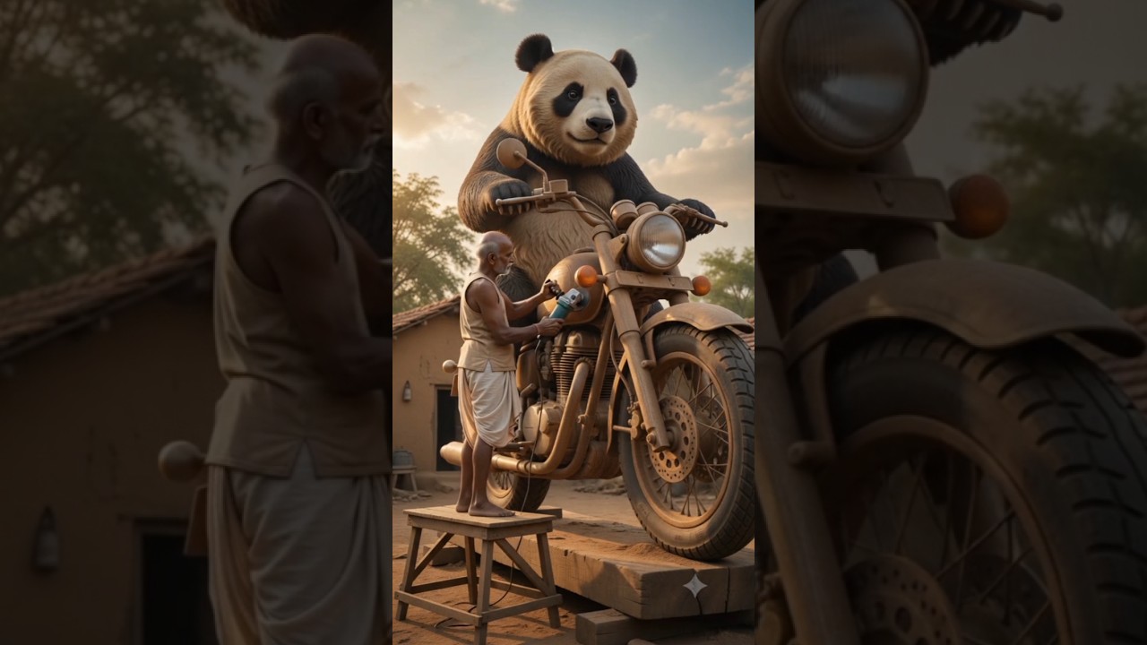 Old man make a Life Size wooden panda riding a motorcycle