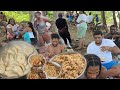 200 dumpling  huge pot a rice vs a river full of people  massive cook out fish  chicken