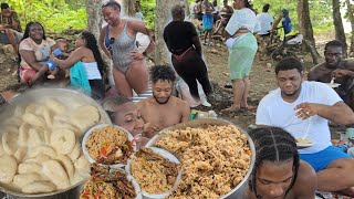 200 dumpling | huge pot a rice vs a river full of people | massive cook out fish & chicken