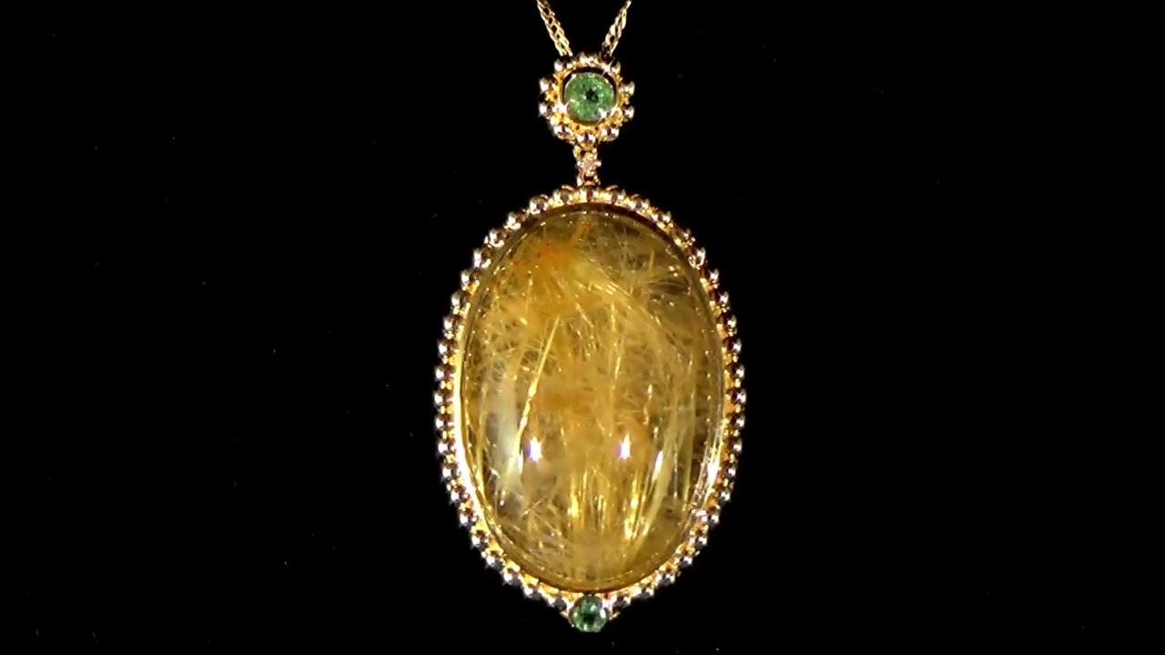 14K YELLOW GOLD CABOCHON RUTILATED QUARTZ & PARAIBA TOURMALINE PENDANT. Ref. 330 5954