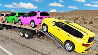 Triple Flatbed Trailer McQueen Transportation with Truck - Speedbumps vs Cars vs Train - BeamNG #33 screenshot 1