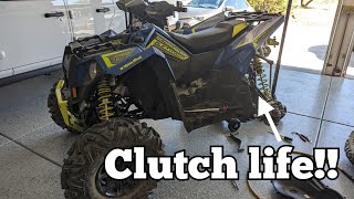 Polaris scrambler / sportsman clutch and belt maintenance how to- MUST DO!! plus steering wear