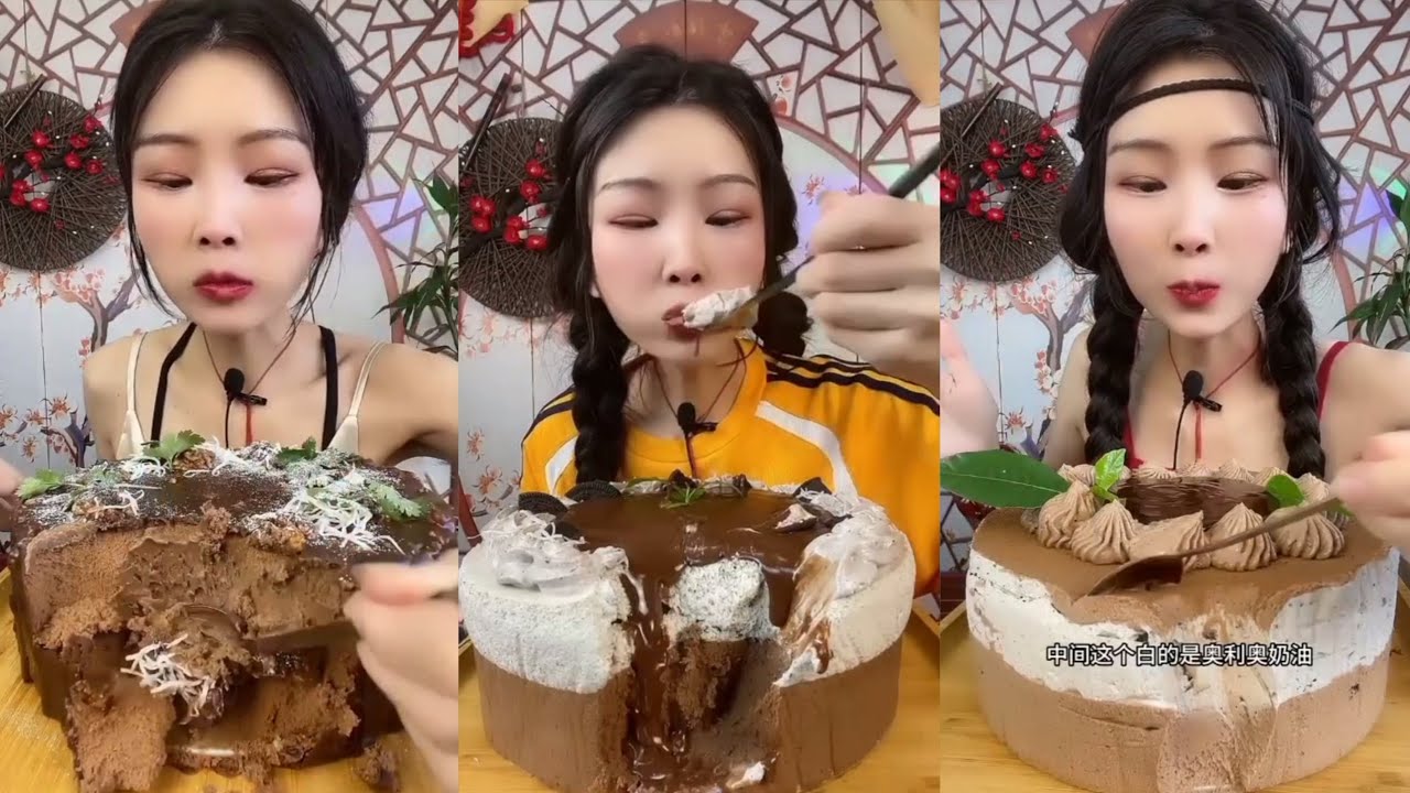 CAKE MUKBANG ASMR | chocolate mousse & ice cream cake with choco fondue ...