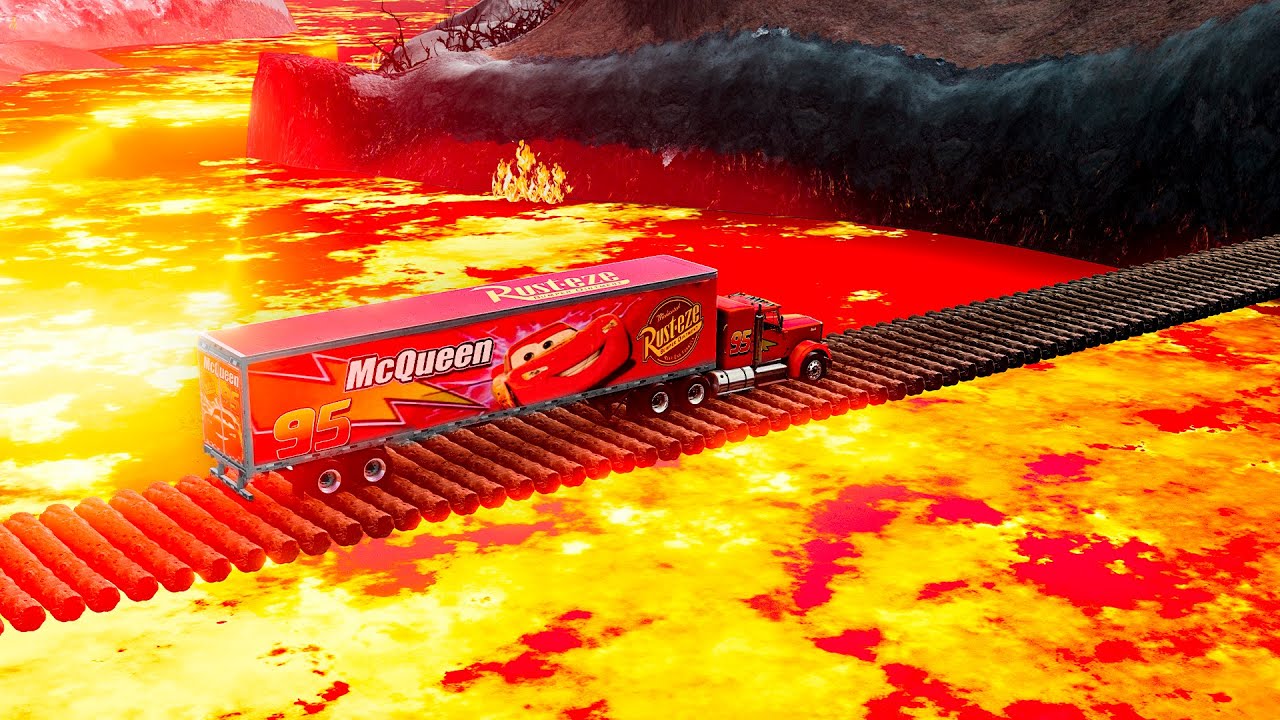 Mack Truck vs Deep Lava vs Impossible Log Wave Bridge Crossing Cars - BeamNG.Drive