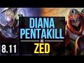 DIANA vs ZED (MID) ~ Pentakill, KDA 22/1/2, 900+ games, Legendary ~ EUW Diamond ~ Patch 8.11