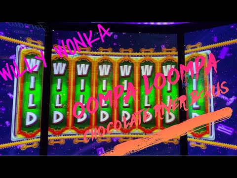 4K Willy Wonka Slots play with Oompa Loompa, Chocolate River Bonus Big Win.  SLOT SOUND. NO TALKIN