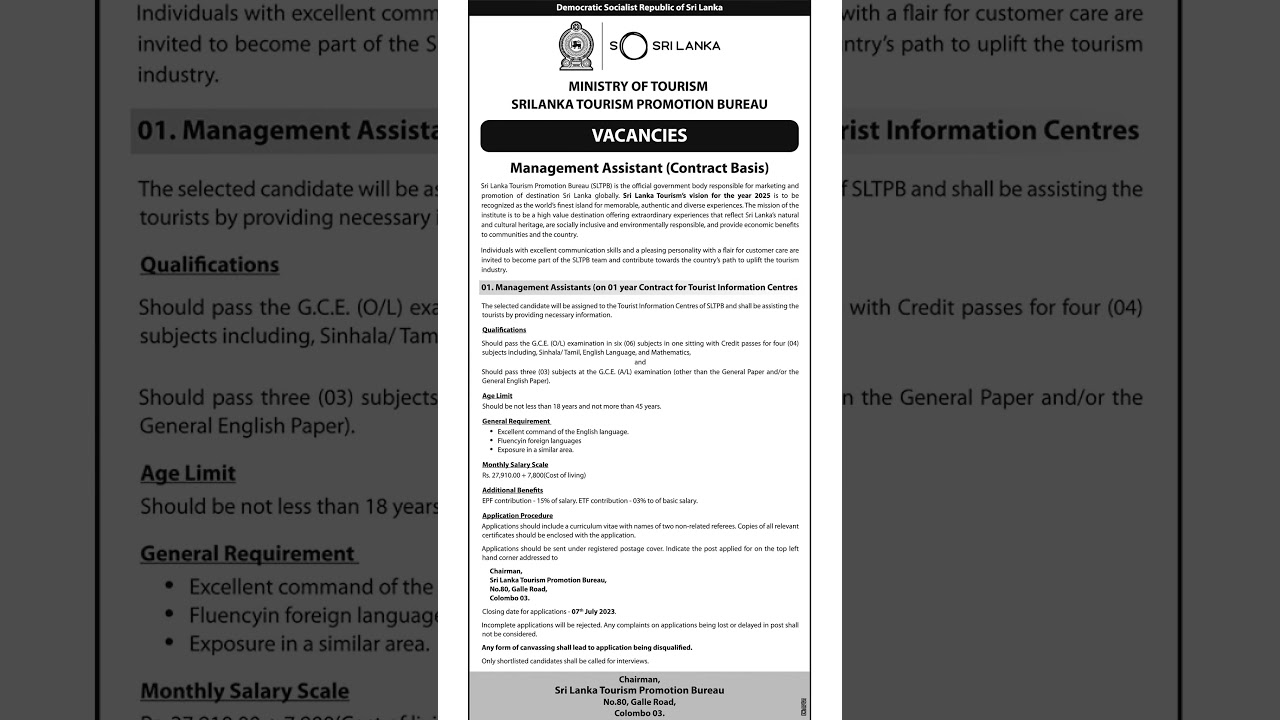 Ministry Of Tourism Vacancies 2023 | Management Assistant For Tourist Information Centres