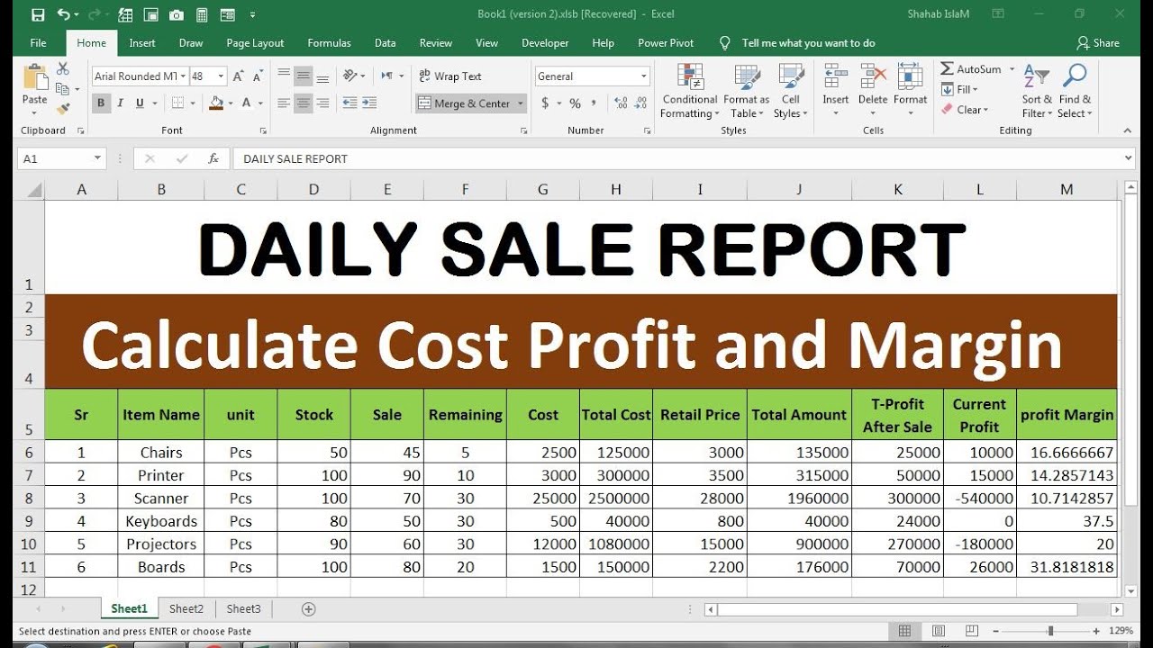 how-to-make-sale-report-cost-profit-and-margin-calculate-in-excel-youtube