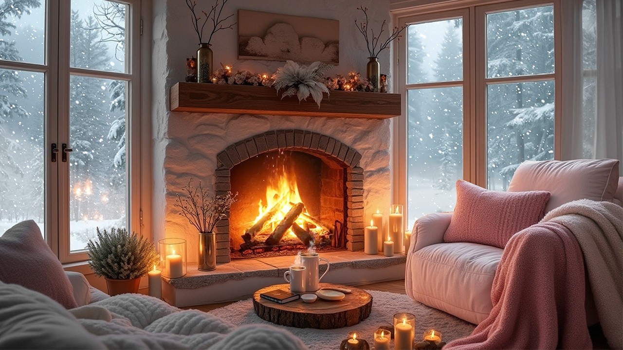 Fluffy Winter Hideaway ❄️🔥 Fireplace Glow & Snowfall | Cozy Blankets, Books & Candles ASMR
