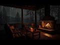 Rain ambience on porch  cozy rain sounds drop on roof in the forest with cozy fireplace