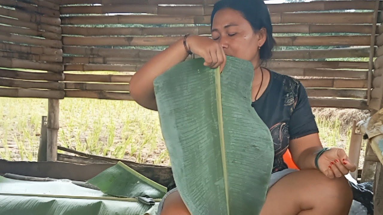 Camping trip, in a bamboo hut located in a rice field near the rainforest, delicious cooking