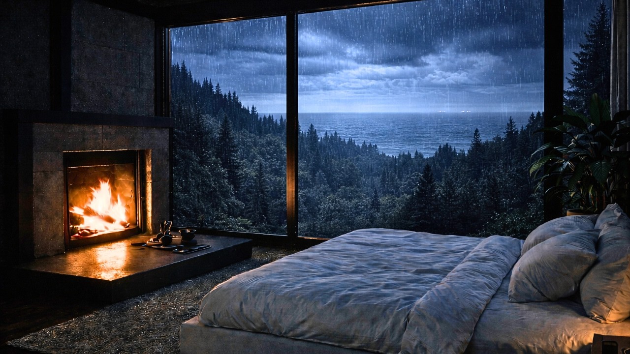 Rainy Forest Night with Crackling Fireplace – Relaxing Ambience for Sleep & Focus