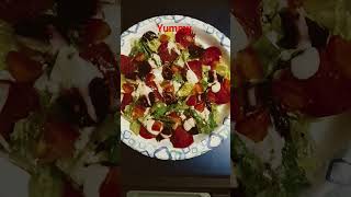 My Special Salad with #pepperoni #tomatoes #Marinated beets in white wine