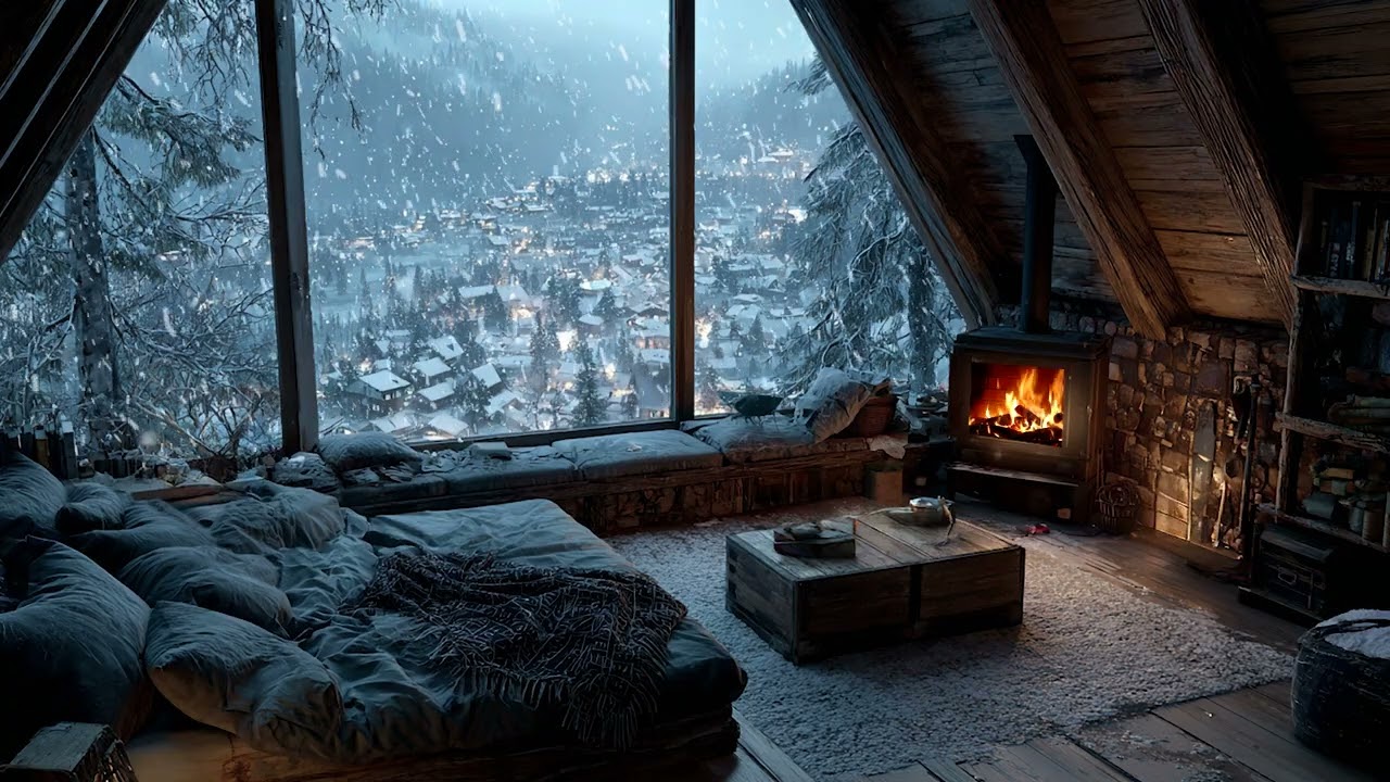 Thick Snow Blanketing the World Beyond a Peaceful and Intimate Bedroom | Calm Valley Sleep Haven