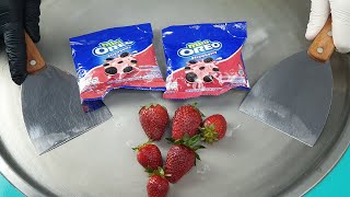 mini oreo  Strawberry ice cream rolls with  Strawberry  - ايسكريم رول على الصاج اوريو ميني ASMR