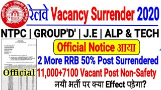 Railway 50% Vacancy Surrendered 18,000+ Vacant Post | NTPC,GROUP D,ALP/TECH 2 More RRB Official List