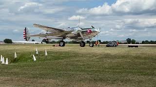 108) Red Bull P-38 Lightning taxi and takeoff Wednesday, July 22 at AirVenture