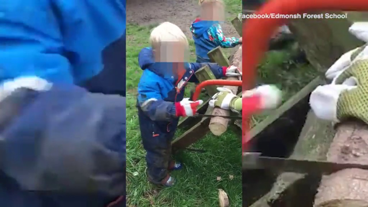 Kid cuts wood with massive SAW at Edmondsham forest school