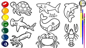 How To Draw Sea Animals - Shark Fish Turtle and others-Draw and Color Sea Animals